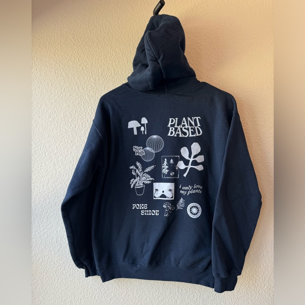 Hoffman goods hoodie. Size small. Navy. Fun graphics on the back.